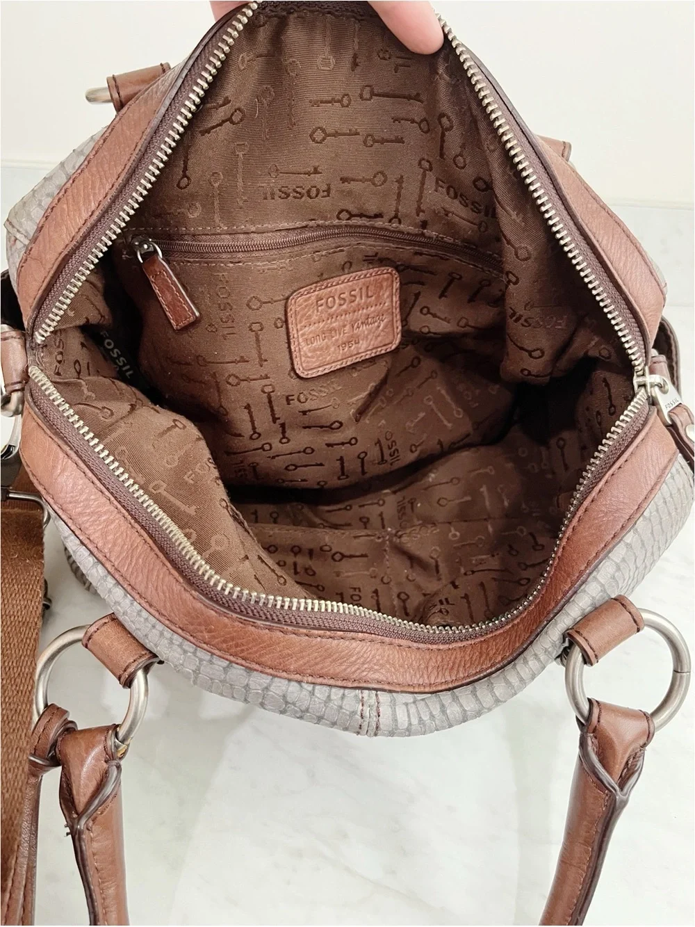 Fossil Maddox Long Live Vintage Snakeskin Embossed Leather Satchel Crossbody Bag
